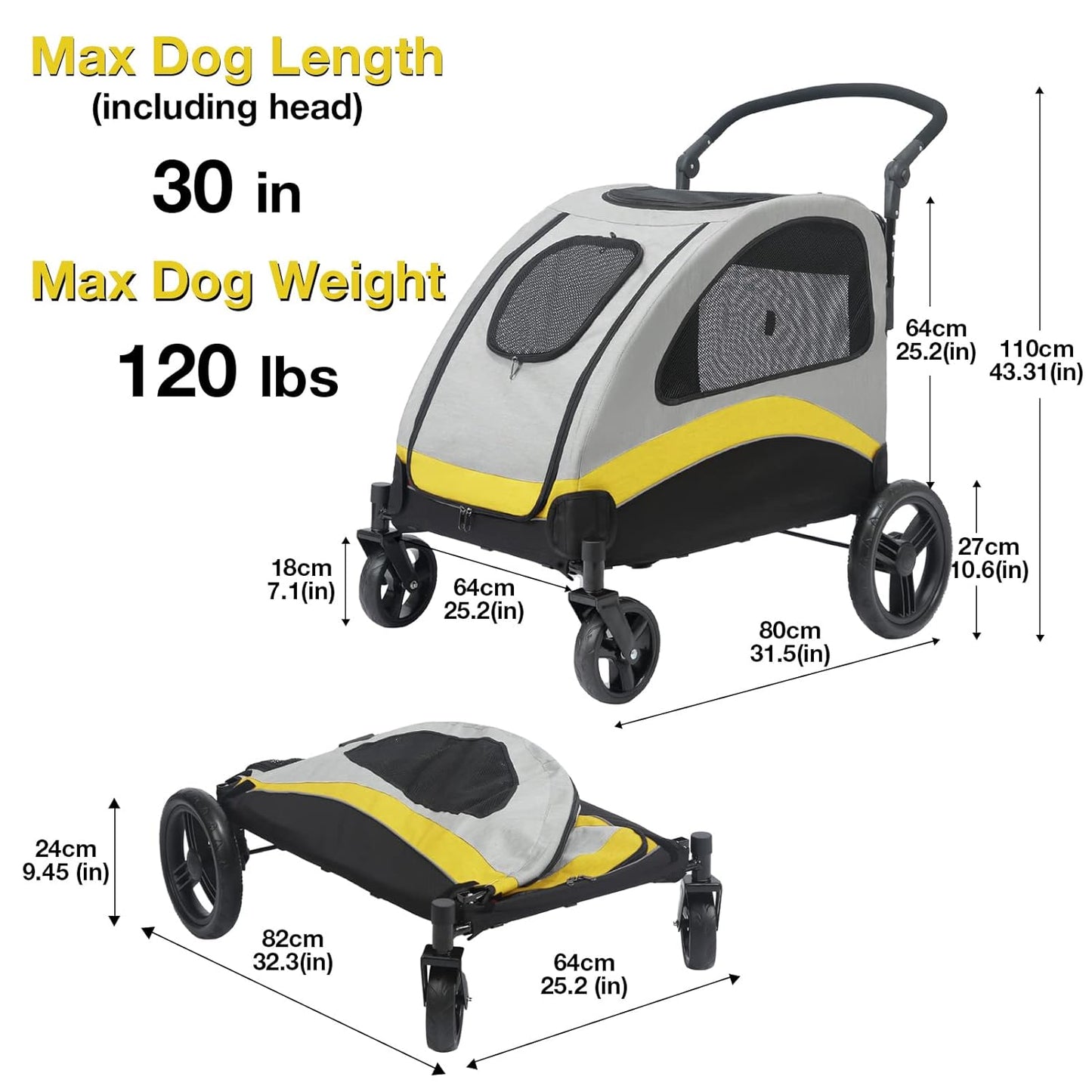 XL Dog Stroller Pet Pushchair Foldable Travel Cart
