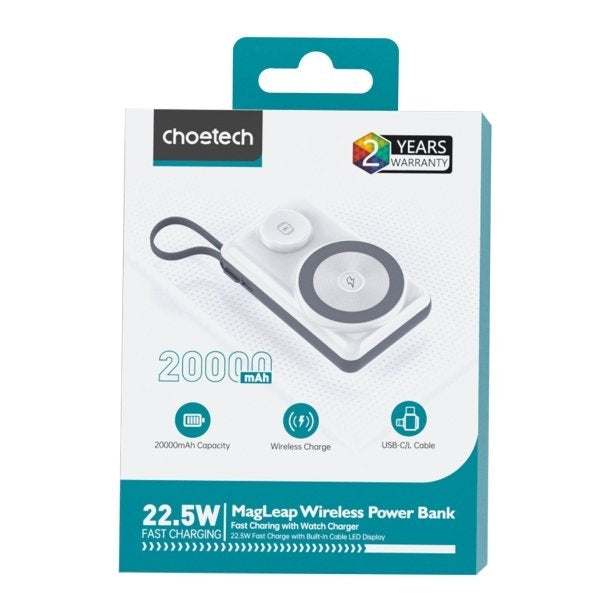 CHOETECH B696-WH 20000mAh 22.5W USB-A + USB-C x 2 + MagLeap Wireless Charge Power Bank White