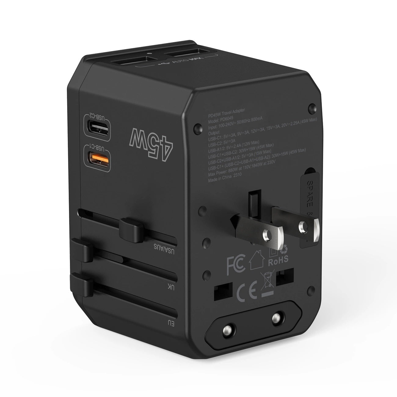 CHOETECH PD6045 GaN Tech 2C+2A 45W Travel Adapter with US EU UK AU Plugs Black