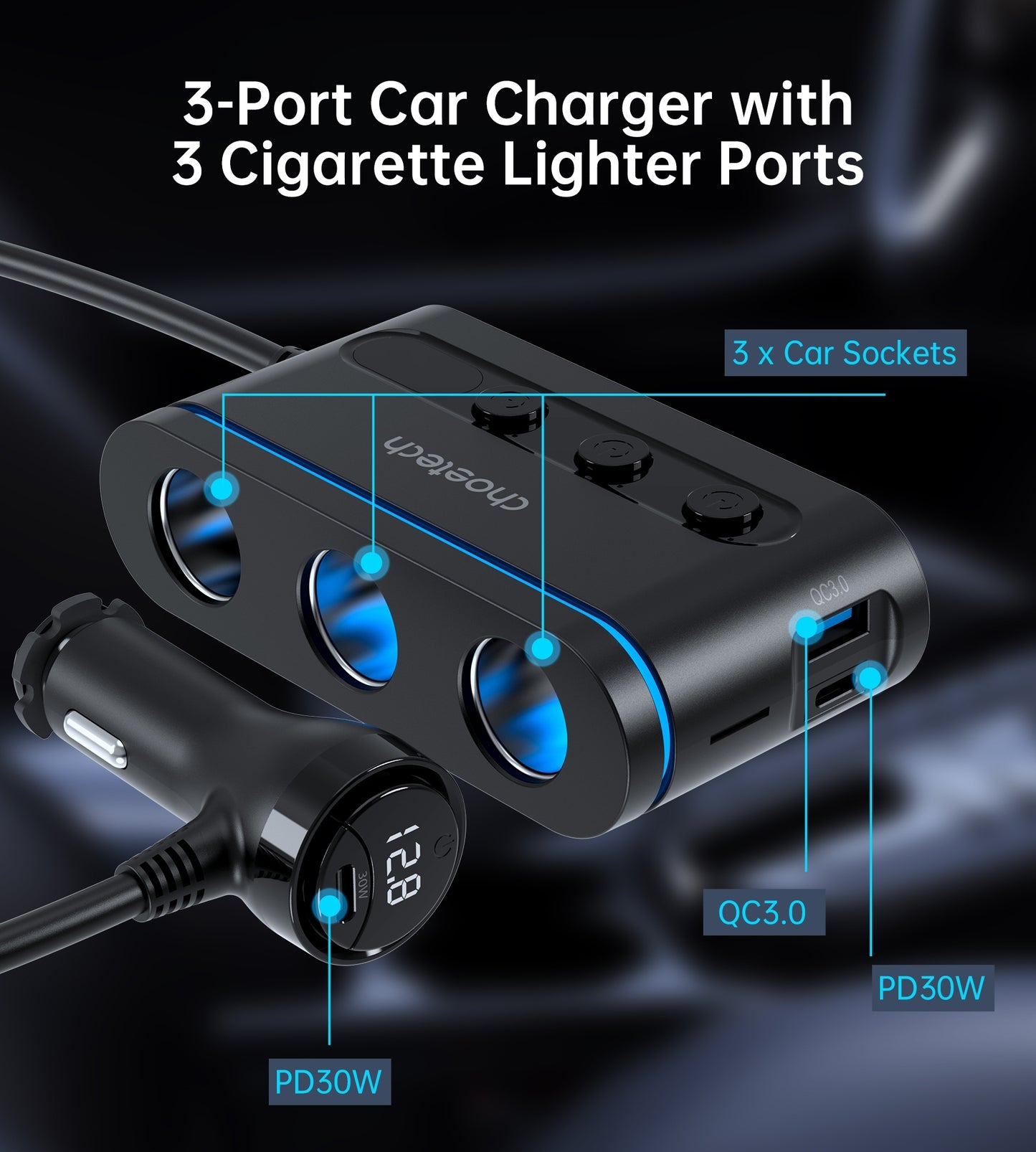 CHOETECH TC0021 3 Sockets 2C+1A Cigarette Lighter Splitter Black