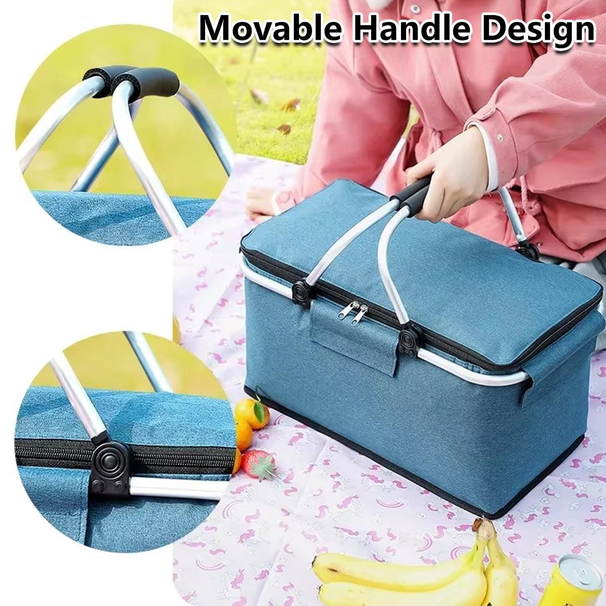 Folding Picnic Basket Insulated Cooler Bag Portable Outdoor Grocery Storage - Grey