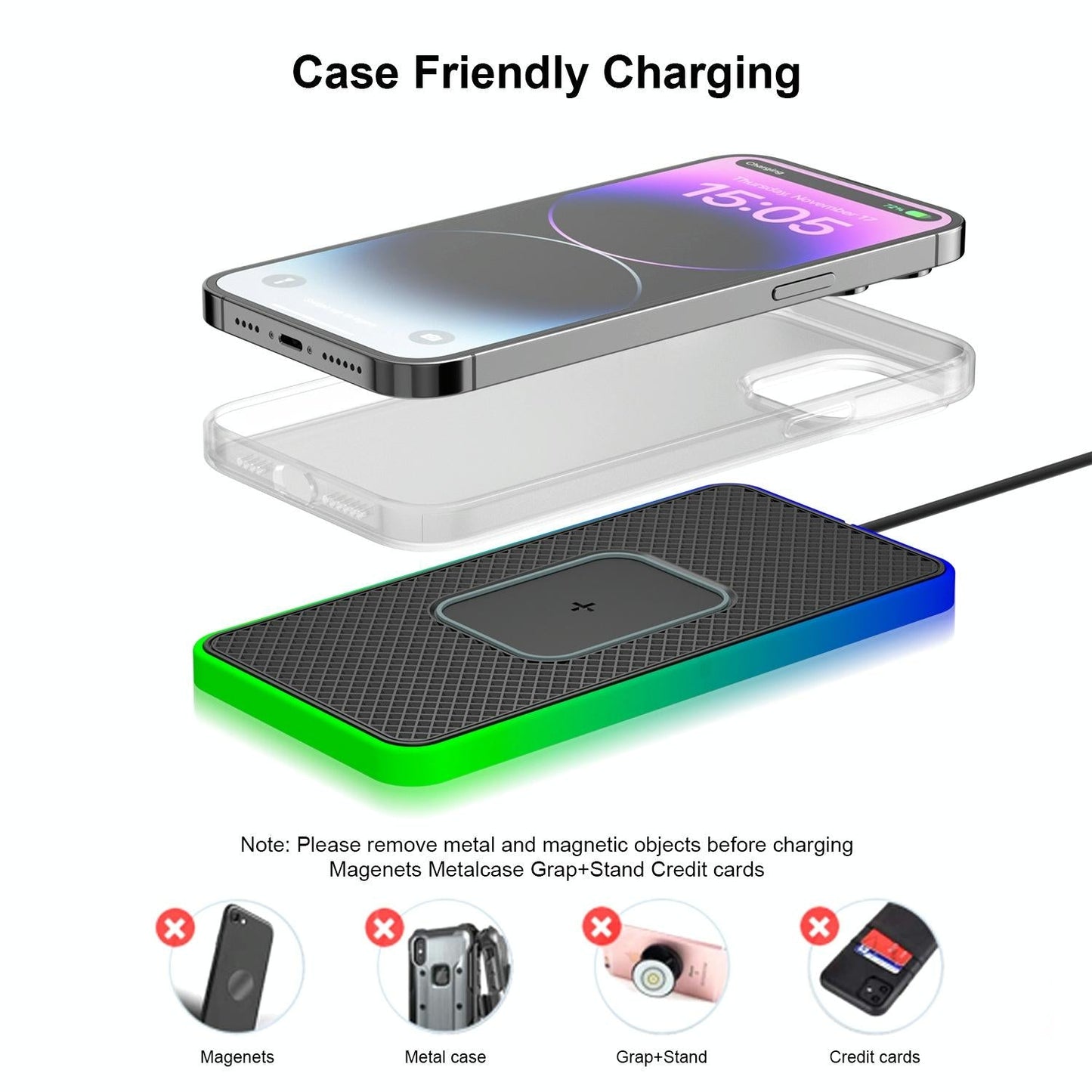 15w 2-in-1 Car Wireless Charger with Non-slip Mat and Colourful Light - 0.3m Usb Cable - Usb Cable 1M