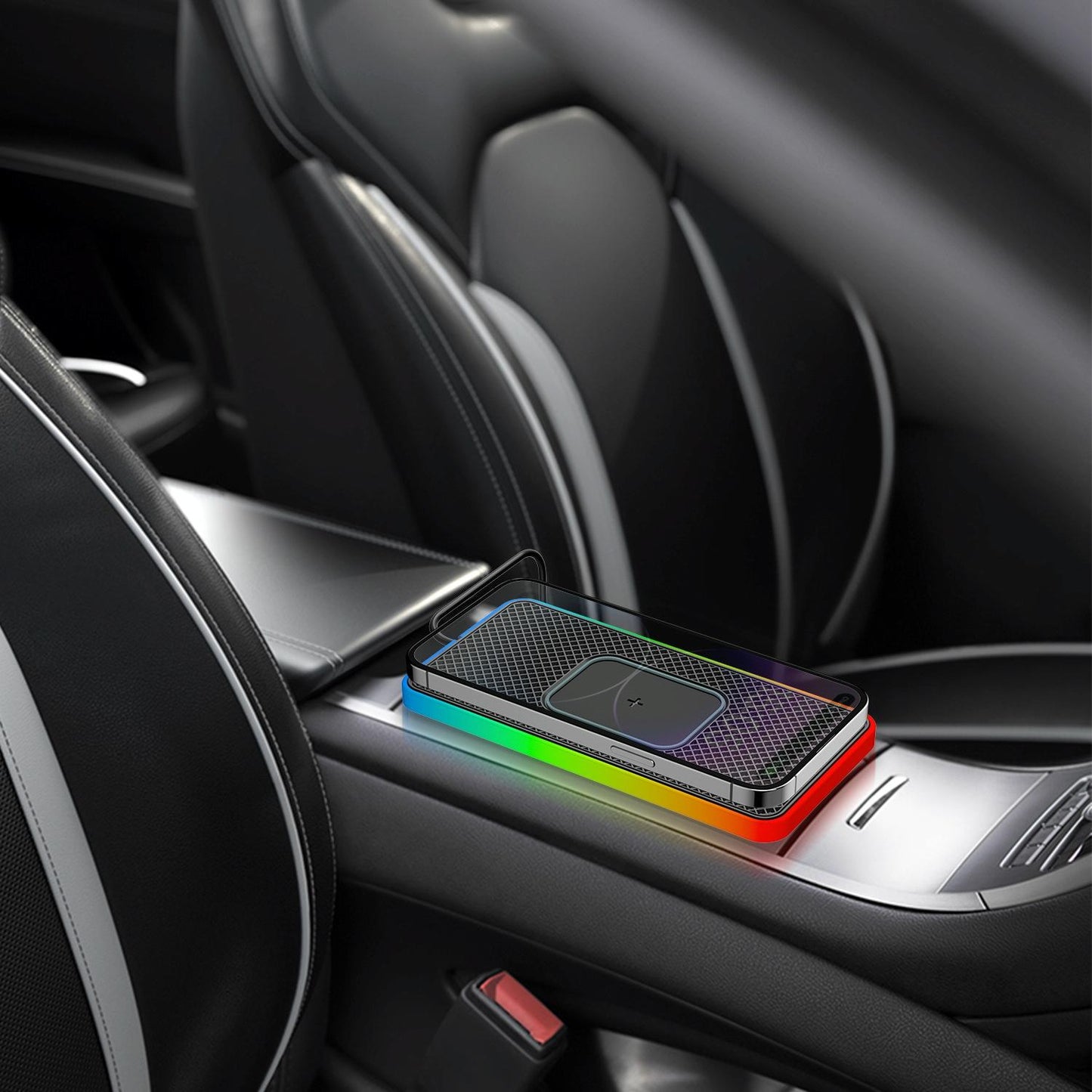 15w 2-in-1 Car Wireless Charger with Non-slip Mat and Colourful Light - 0.3m Usb Cable - Usb Cable 1M