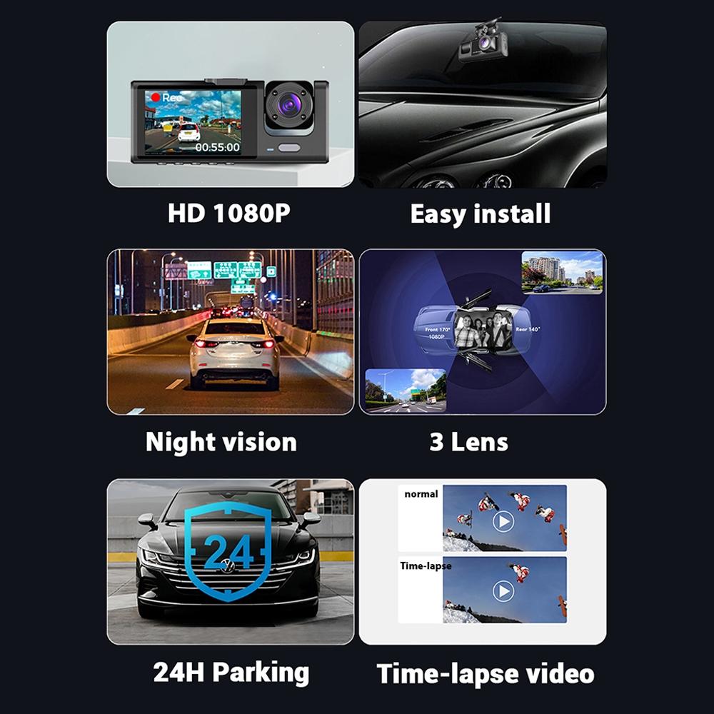 Hd Night Vision Car Driving Recorder with 3 Lenses