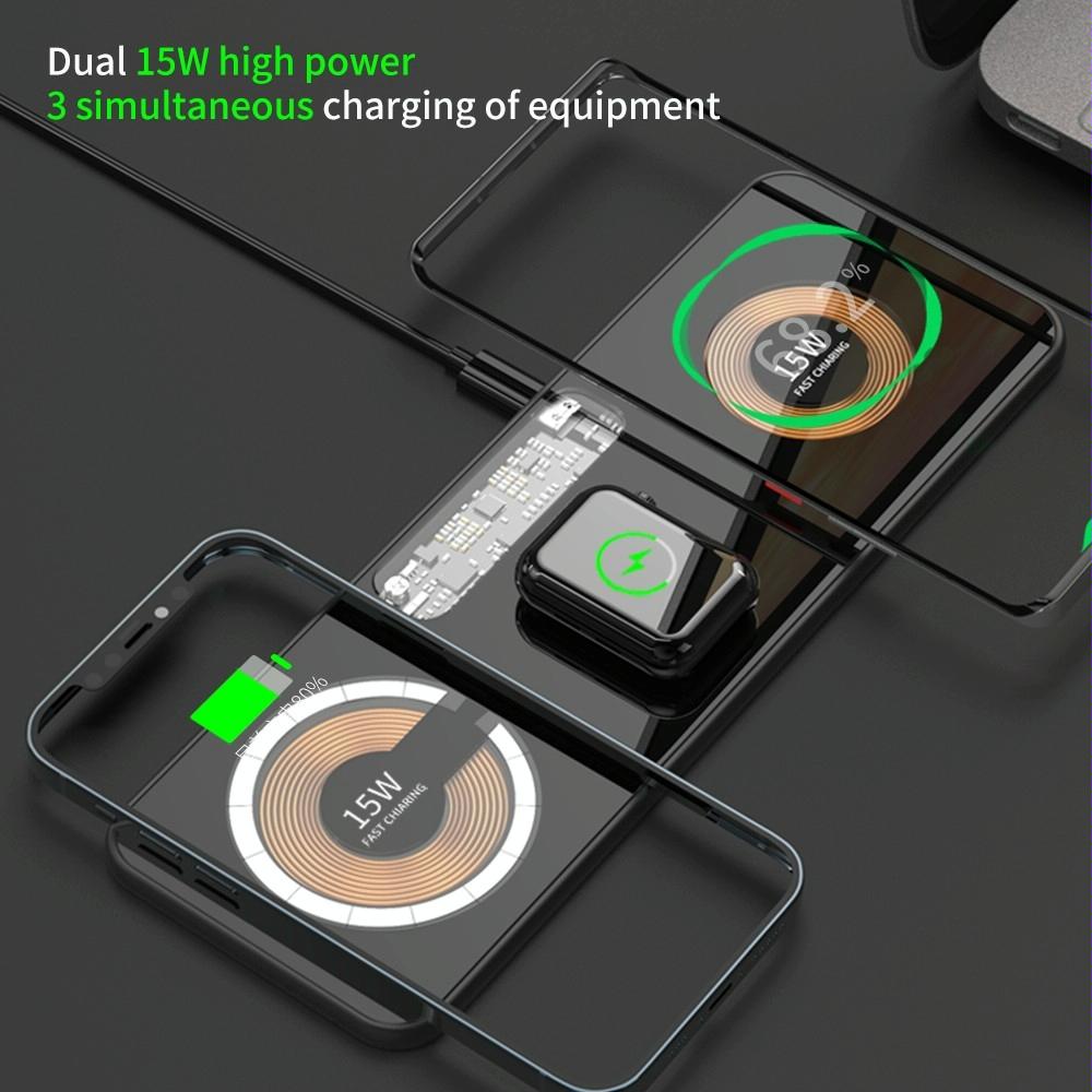 15W Dual Fast Charging Pad For 3 In 1 Wireless Phones