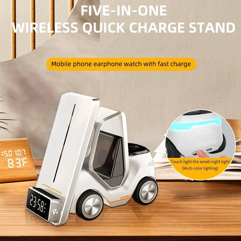 5 In 1 Car Desktop Alarm Clock With Wireless Charging - White