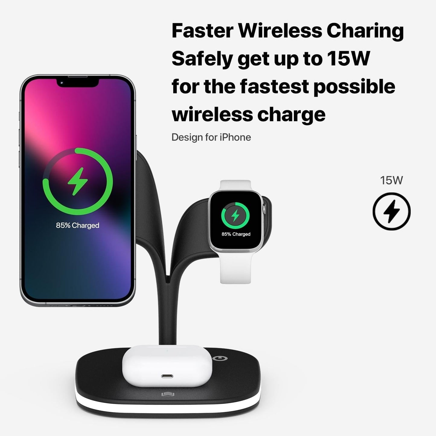 15W 5 In 1 Magnetic Wireless Charger With Stand - Black
