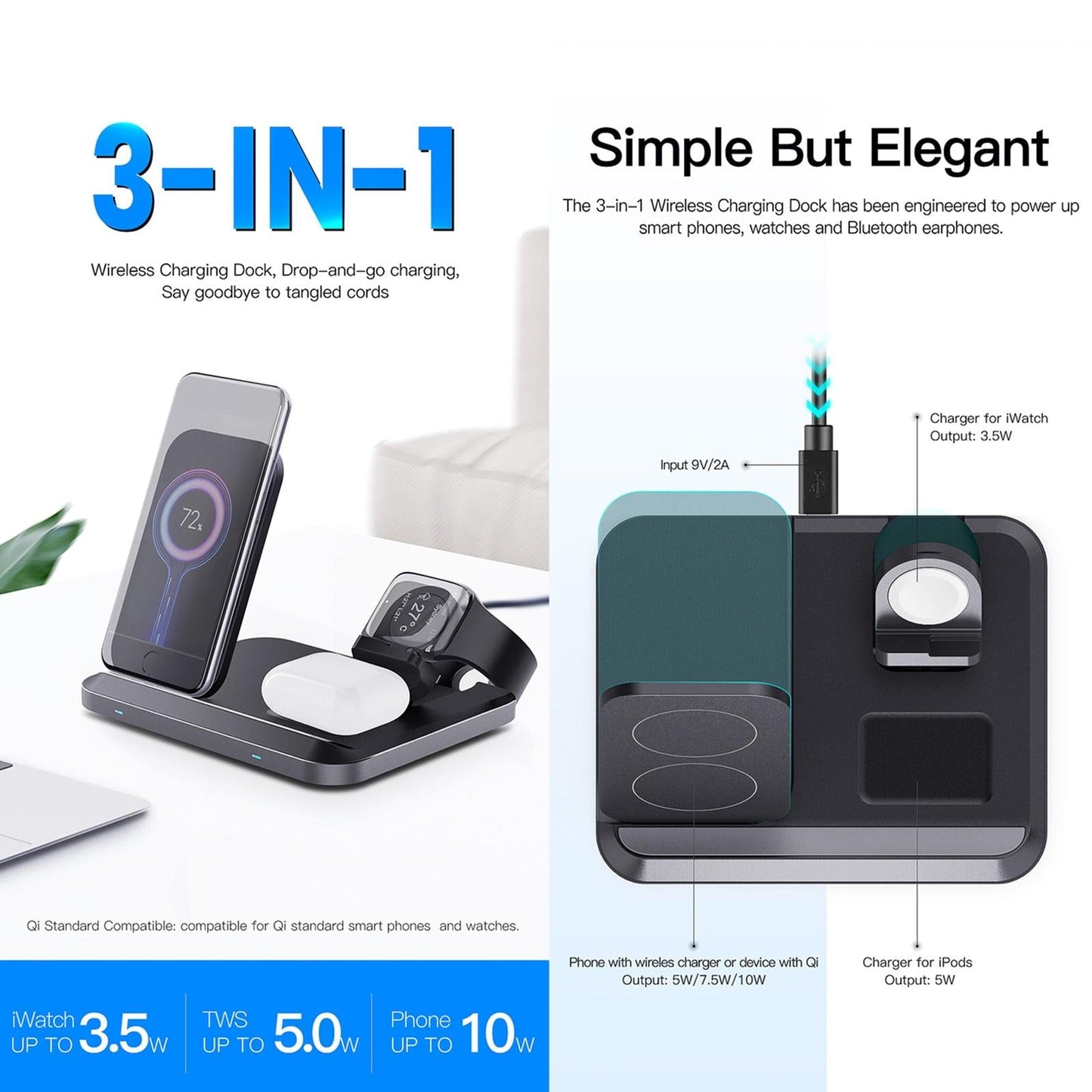 15W 3 In 1 Foldable Wireless Charger - Black