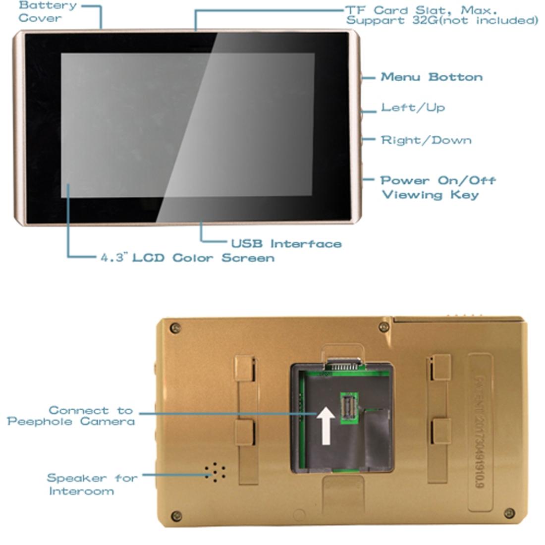 4.3 Digital Doorbell With Lcd Screen And Peephole Viewer - Gold