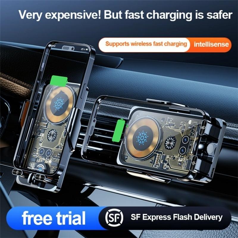 Wireless Car Charger with Infrared Sensor and Aluminum Bracket - Transparent Black