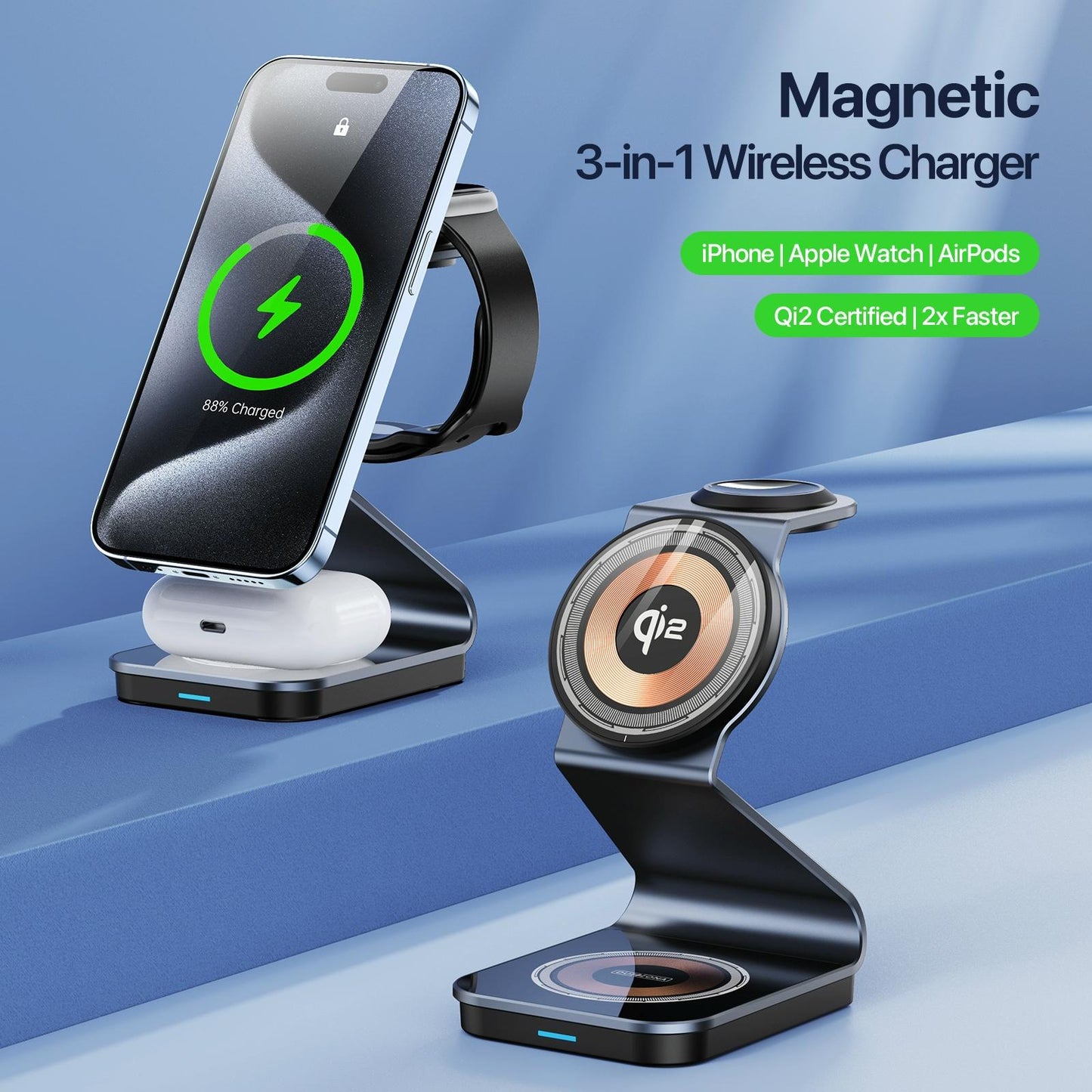 15W 3 In 1 Magnetic Wireless Charger Stand Black