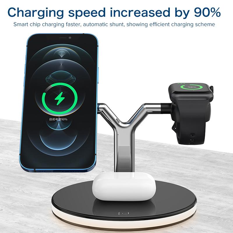 15W 3 In 1 Magnetic Wireless Charger For Phones Watches And Airpods With Led Light - Black