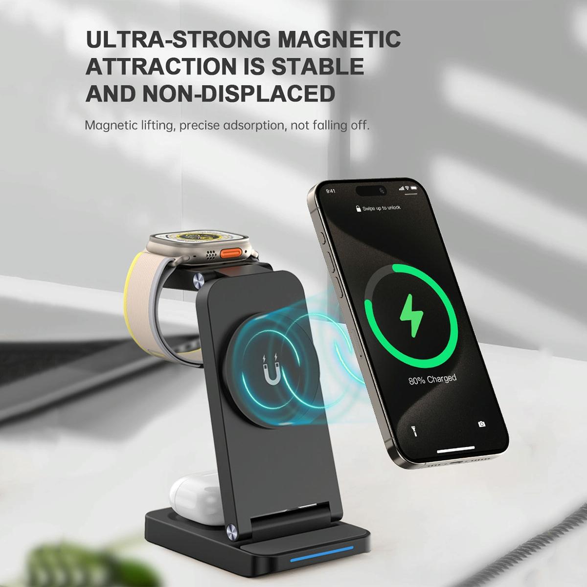 3 In 1 Magnetic Wireless Charger Stand - White