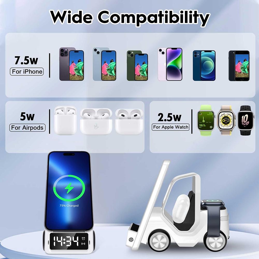 5 In 1 Car Desktop Alarm Clock With Wireless Charging - Gray