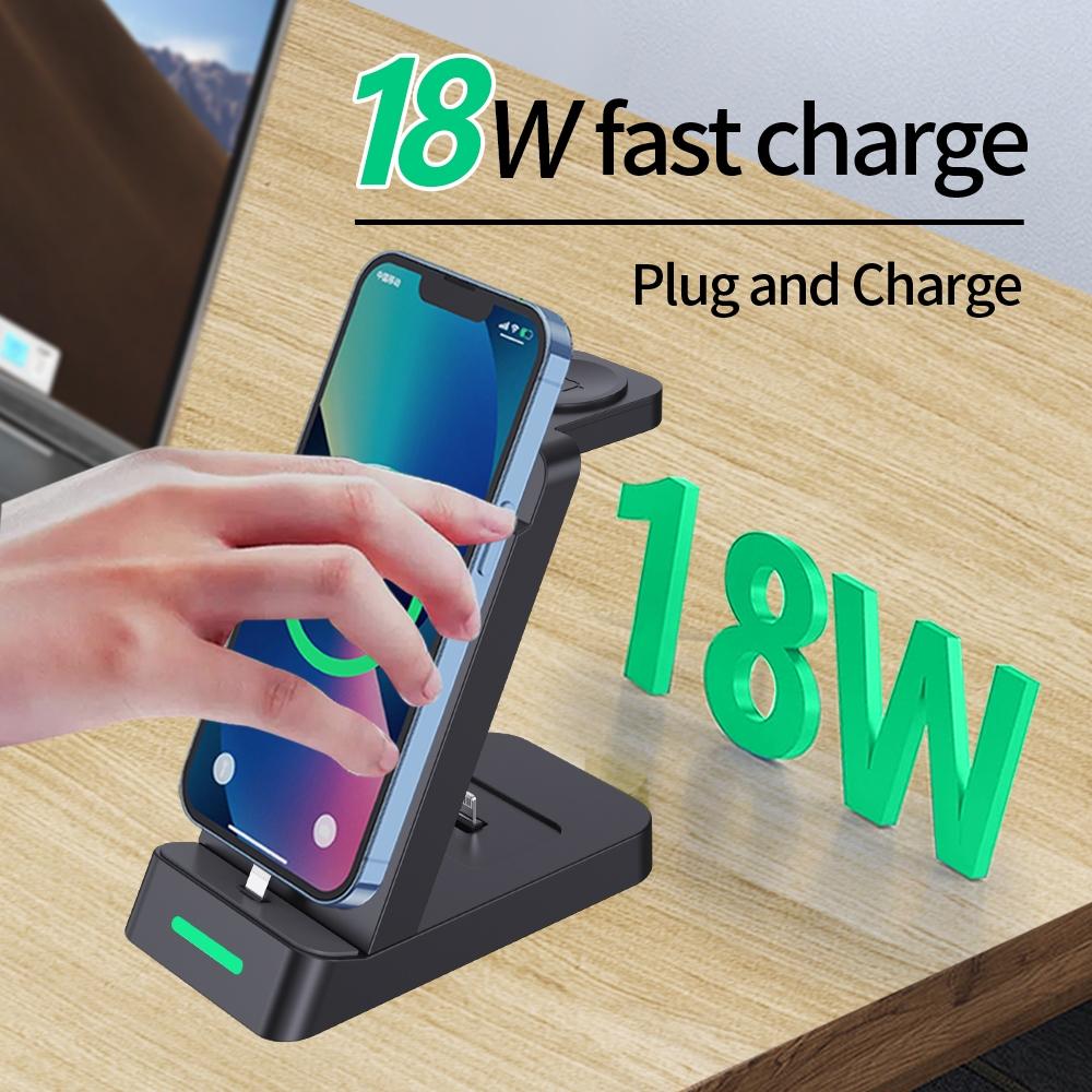 18W 3 In 1 Wireless Charger Stand For Iphone & Apple Watch - White