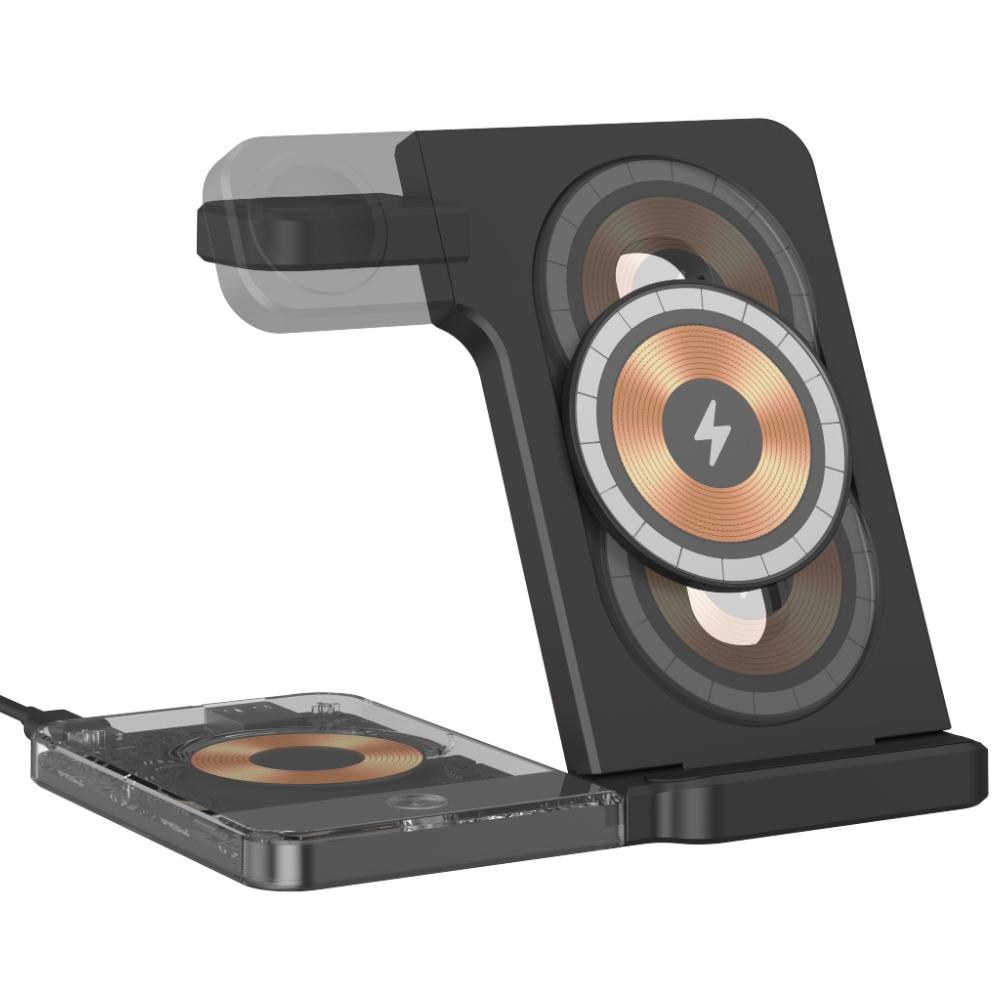 15W 5 In 1 Foldable Magnetic Wireless Charger With Night Light - Black