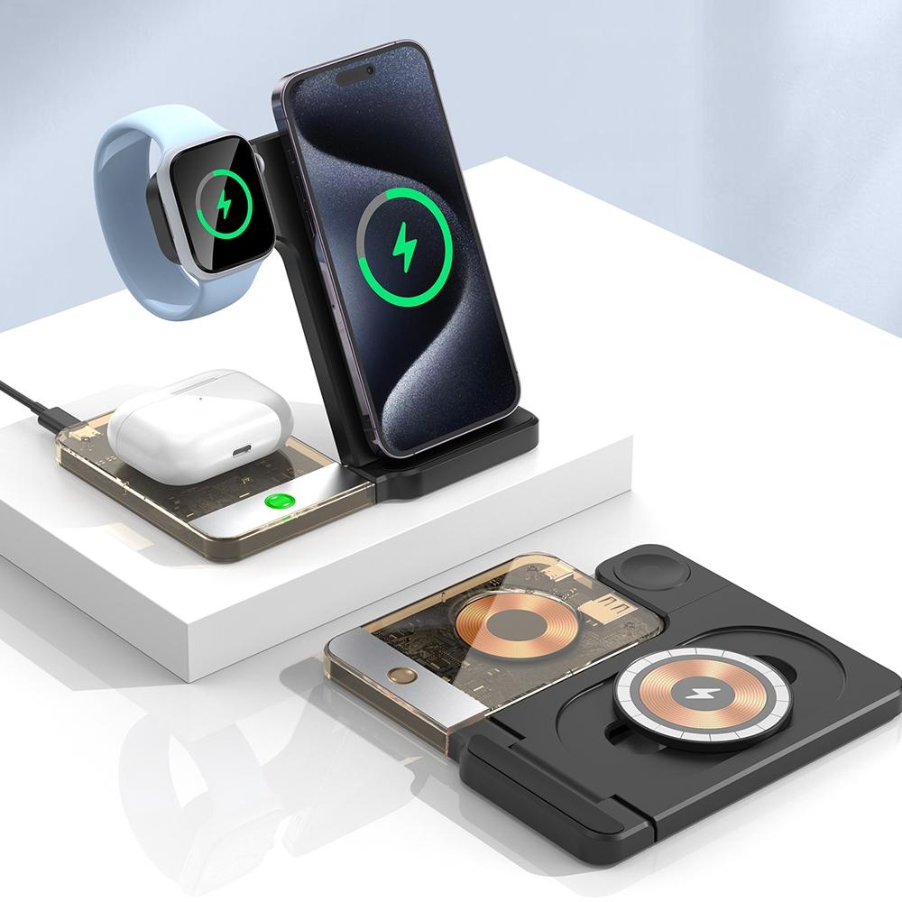 15W 5 In 1 Foldable Magnetic Wireless Charger With Night Light - Black