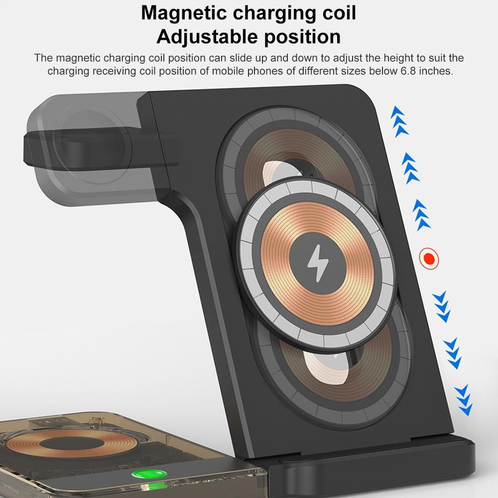 15W 5 In 1 Foldable Magnetic Wireless Charger With Night Light - Black