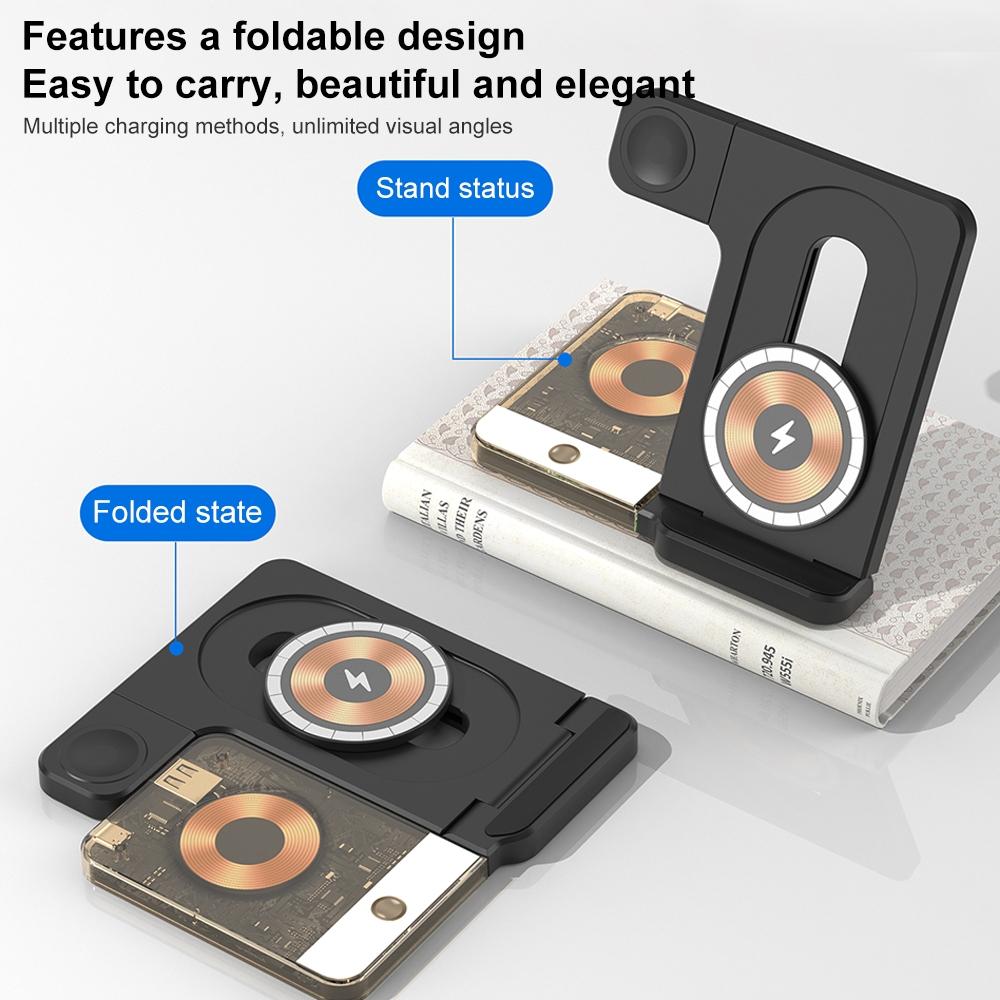 15W 5 In 1 Foldable Magnetic Wireless Charger With Night Light - Black