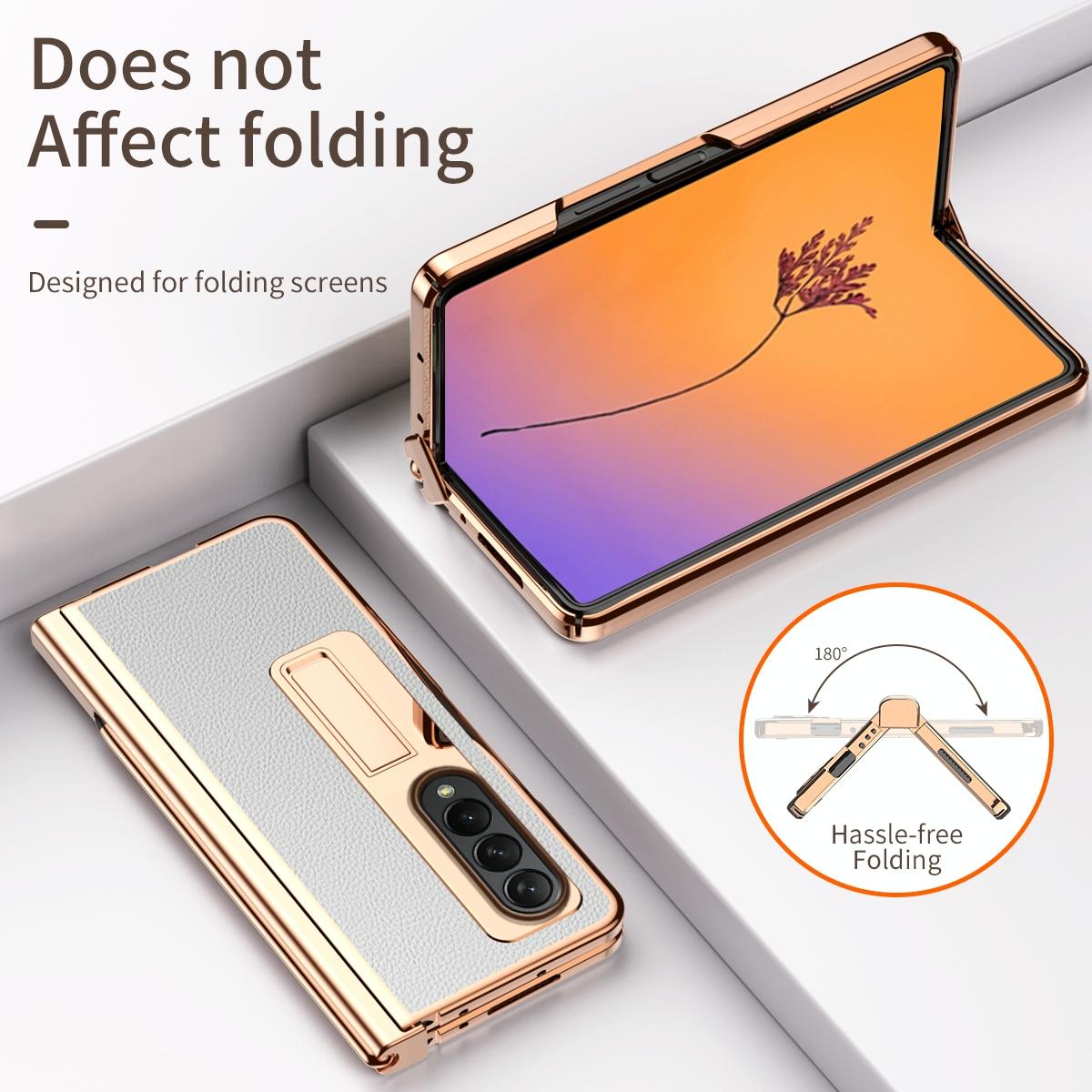 For Samsung Galaxy Z Fold4 5G Premium Litchi Leather Hinged Phone Case - With Pen - Gold
