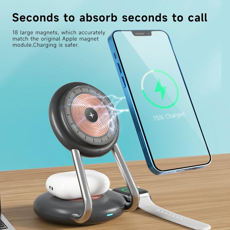 15W 3 In 1 Transparent Magnetic Wireless Charger - Blue