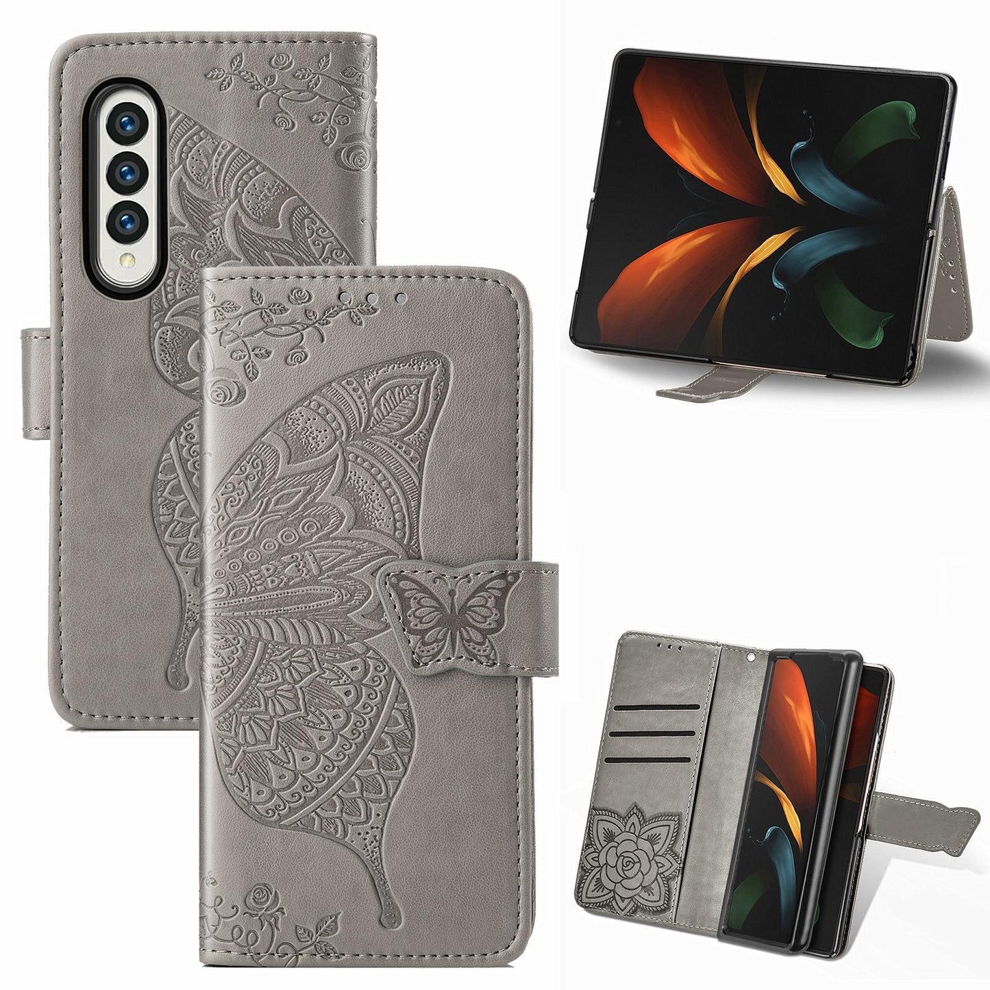 For Samsung Galaxy Z Fold4 5G Embossed Butterfly Love Leather Case - Flower Design - Rose Gold