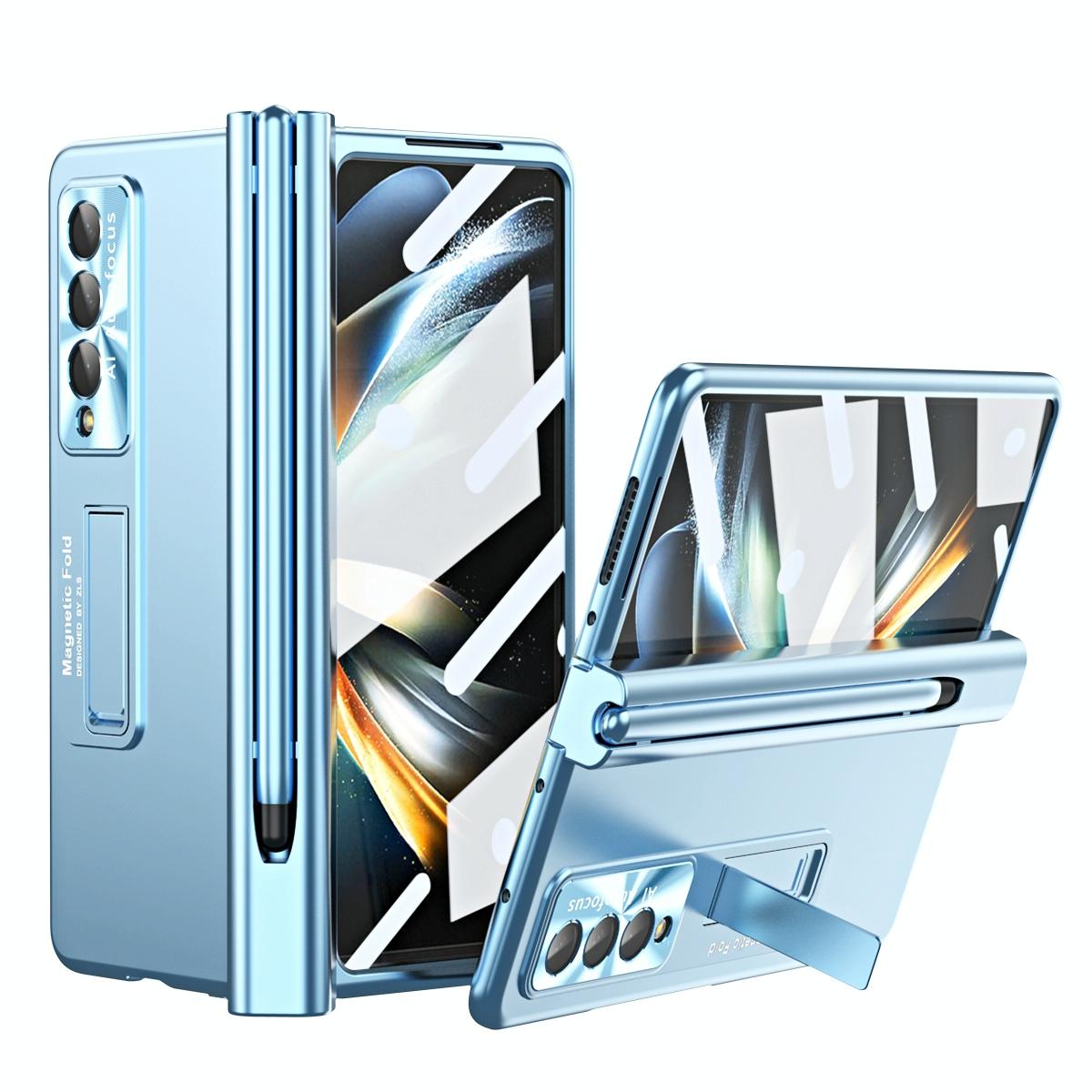 For Samsung Galaxy Z Fold4 5G Foldable Phone Case With Pen Slot - Electroplated - Blue