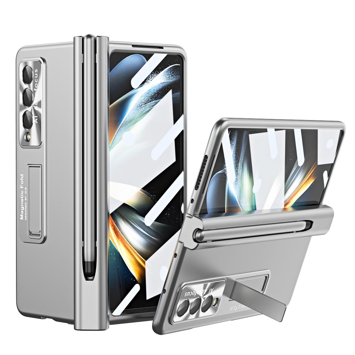 For Samsung Galaxy Z Fold4 5G Foldable Phone Case With Pen Slot - Electroplated - Silver