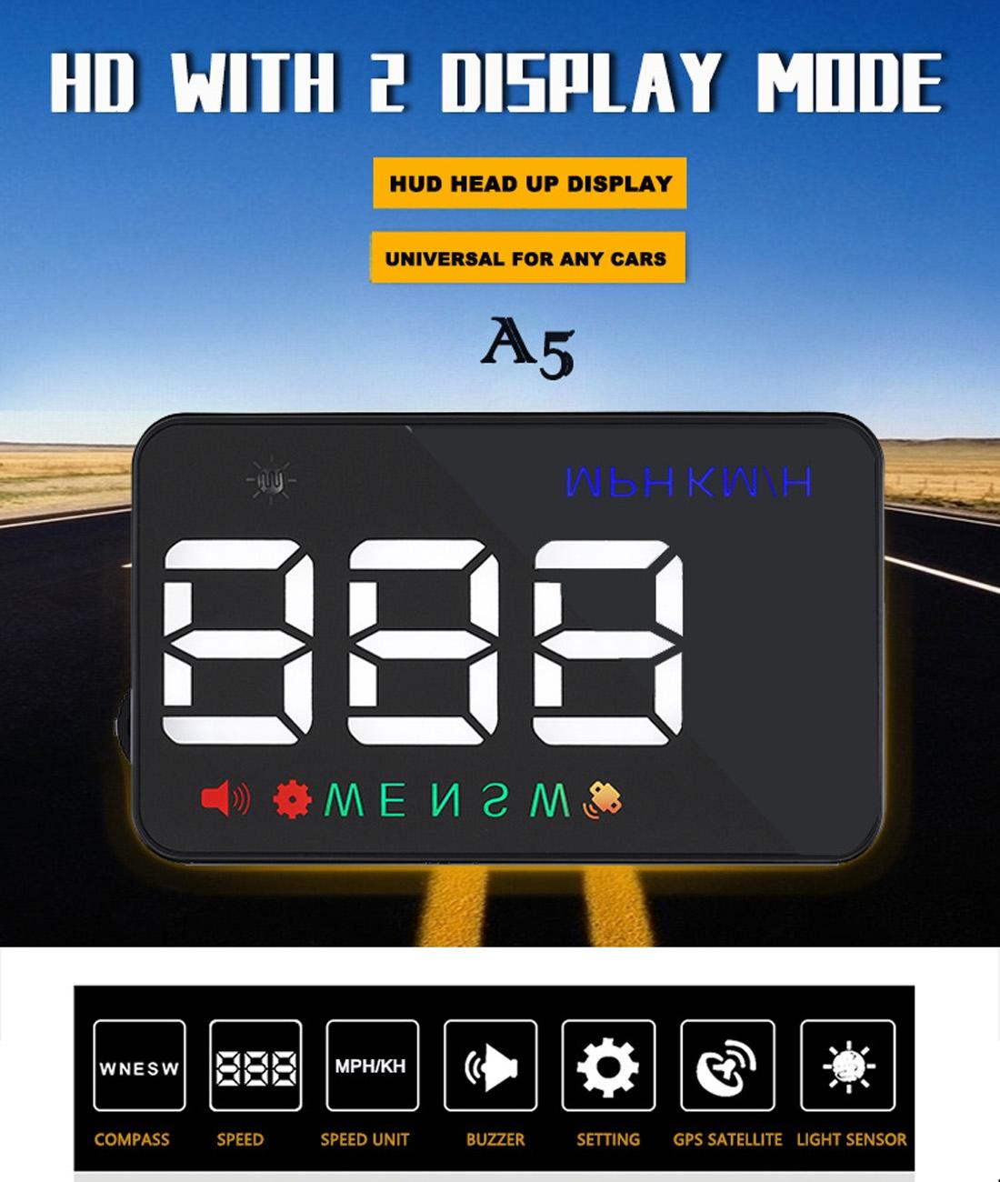 3.5 Inch Car Hud With Gps 2 Display Modes Light Sensors Speed & Compass Speed Alarm - Green Light