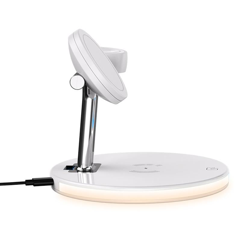 15W 3 In 1 Magnetic Wireless Charger For Phones Watches And Airpods With Led Light - White