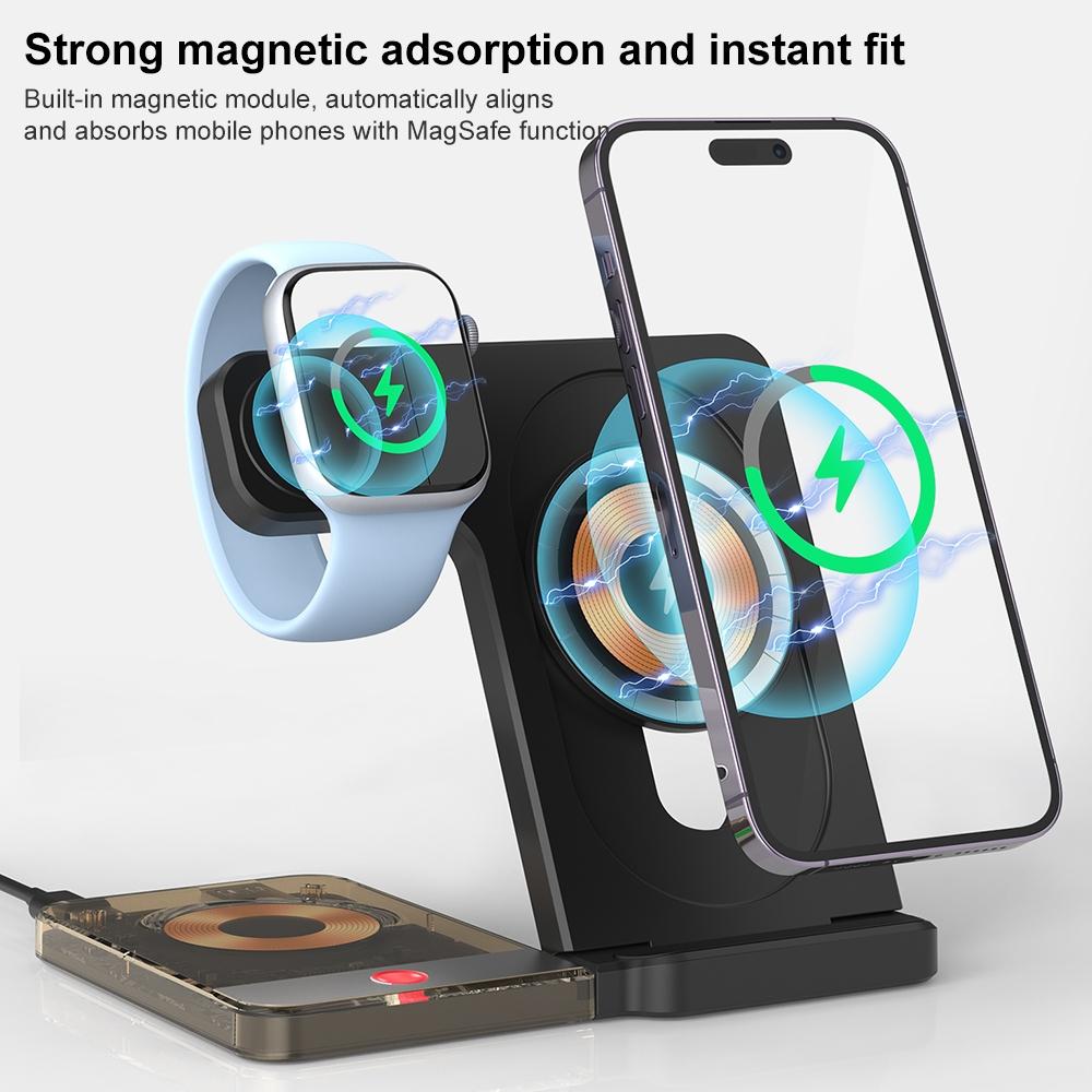15W 5 In 1 Foldable Magnetic Wireless Charger With Night Light - White