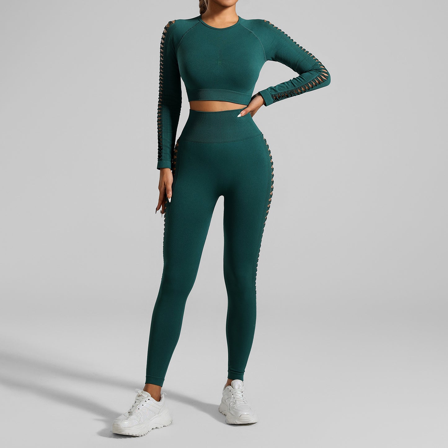 Dark Green Size S Tie-Dye Yoga Set Long Sleeve Butt Lift Leggings Seamless Workout Training Gym Clothes