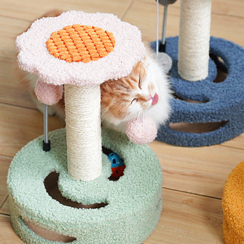 Green Bold Flower Cat Scratching Post - Interactive Plush & Sisal Cat Toy with Teaser Balls