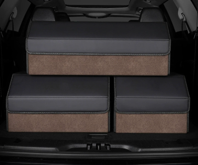 Medium Sized Tumbled Leather Brown Foldable Car Trunk Storage Box - Large Capacity Insertable Rear Organizer