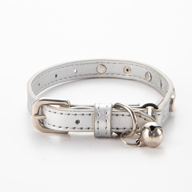 3 pcs Silver Stylish PU Leather Pet Collar - Anti-Loss, Puppy Bell, Star & Moon Design Width 1.2cm Total Length 35cm