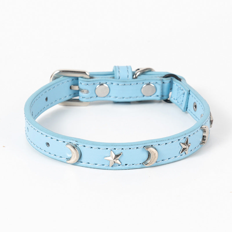 3 pcs Light blue Stylish PU Leather Pet Collar - Anti-Loss, Puppy Bell, Star & Moon Design Width 1.2cm Total Length 35cm