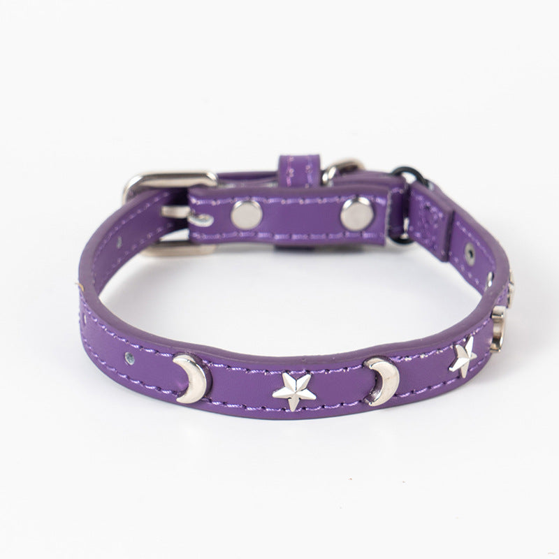 3 pcs Purple Stylish PU Leather Pet Collar - Anti-Loss, Puppy Bell, Star & Moon Design Width 1.2cm Total Length 35cm