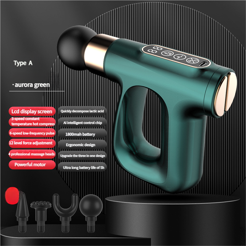Green Heated Mini Fascia Massage Gun - LCD Display, Muscle Recovery Tool, 32 Adjustable Levels