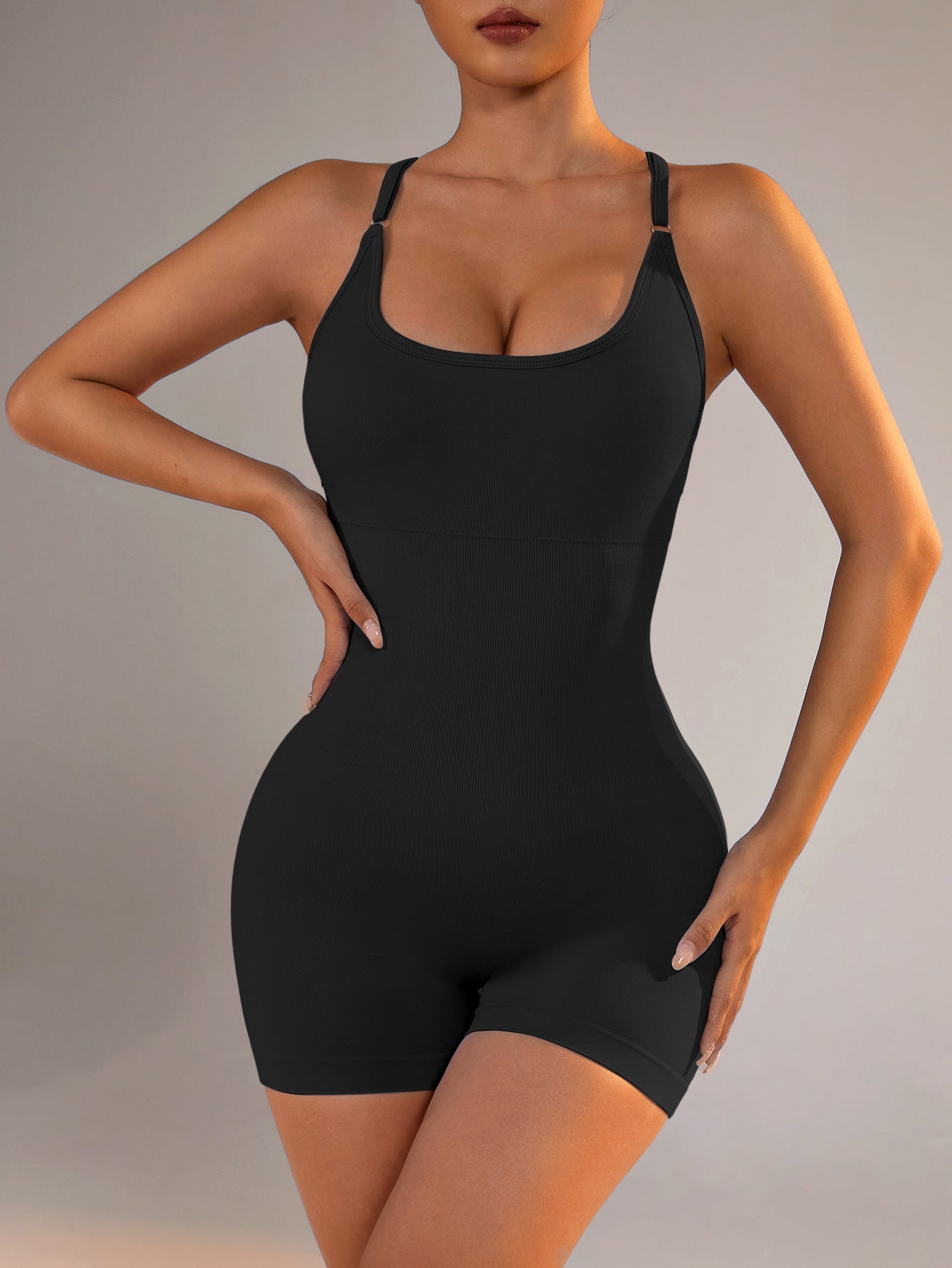 Size M Black Nylon Seamless Yoga Bodysuit - Women's Athletic Romper, Crisscross Back, Workout Jumpsuit