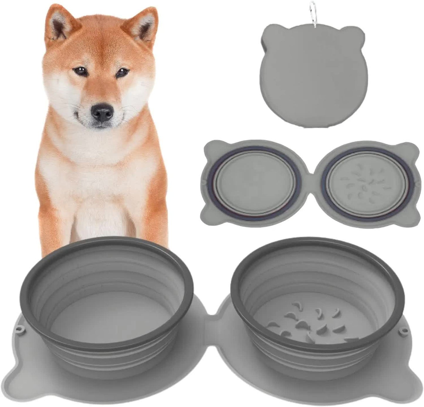 Grey Portable Collapsible Pet Bowl Set - Food-Grade Silicone Double Bowl for Dogs & Cats, Anti-Slip & Easy to Clean