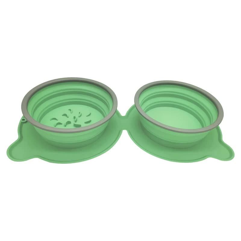 Green Portable Collapsible Pet Bowl Set - Food-Grade Silicone Double Bowl for Dogs & Cats, Anti-Slip & Easy to Clean