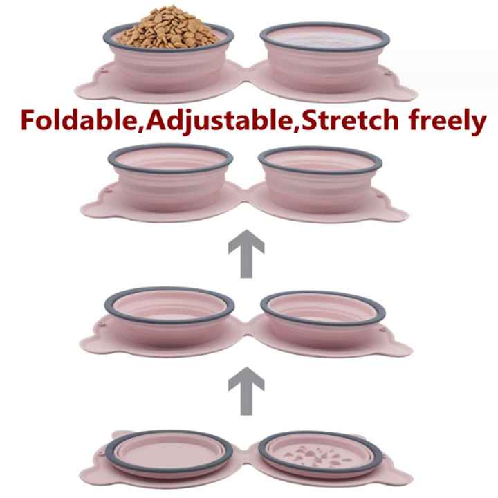 Red Portable Collapsible Pet Bowl Set - Food-Grade Silicone Double Bowl for Dogs & Cats, Anti-Slip & Easy to Clean