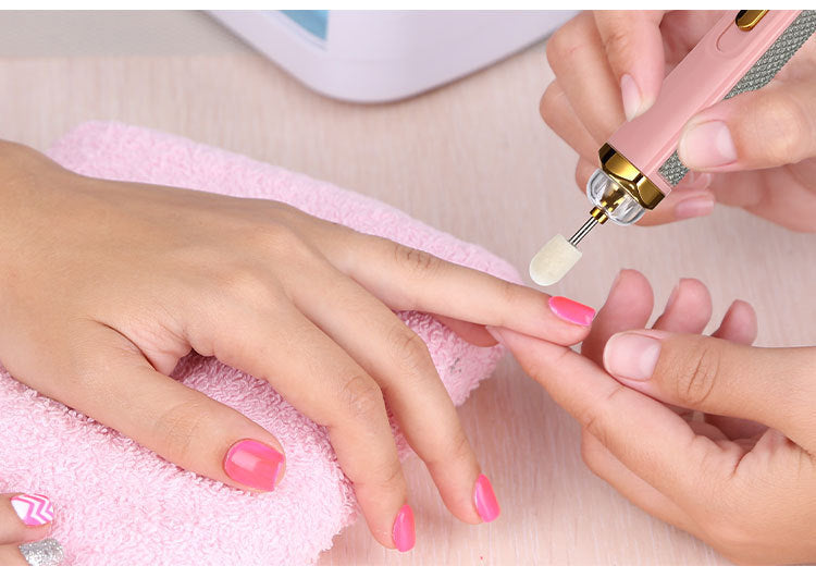 Pink Mini Electric Nail Polisher with USB Charging and 5 Grinding Heads