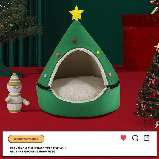 Festive Detachable Pet House - Cozy Green Christmas tree Design (S - 37x46cm)