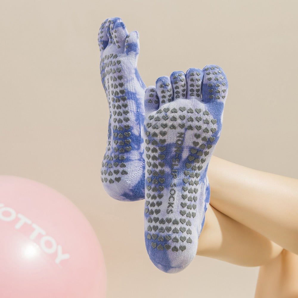 2 Pairs Green Tie-Dye Non-Slip Yoga Socks for Women - Five-Toe Cotton Blend Socks for Pilates and Indoor Sports