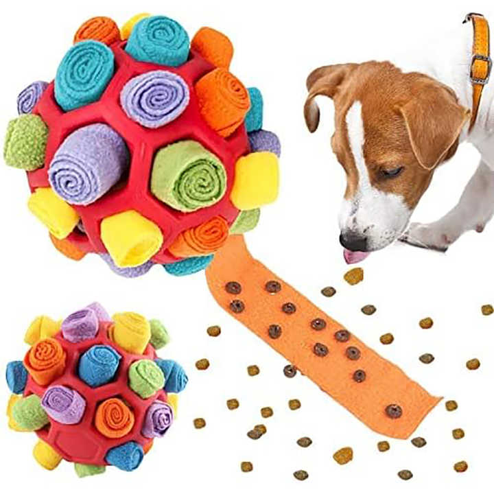 Purple Ball And Colorful Strips Of Fabric Interactive Pet Snuffle Ball - Treat-Dispensing Toy for Dogs and Cats, 20 cm TPR and Felt Fabric for Mental Stimulation