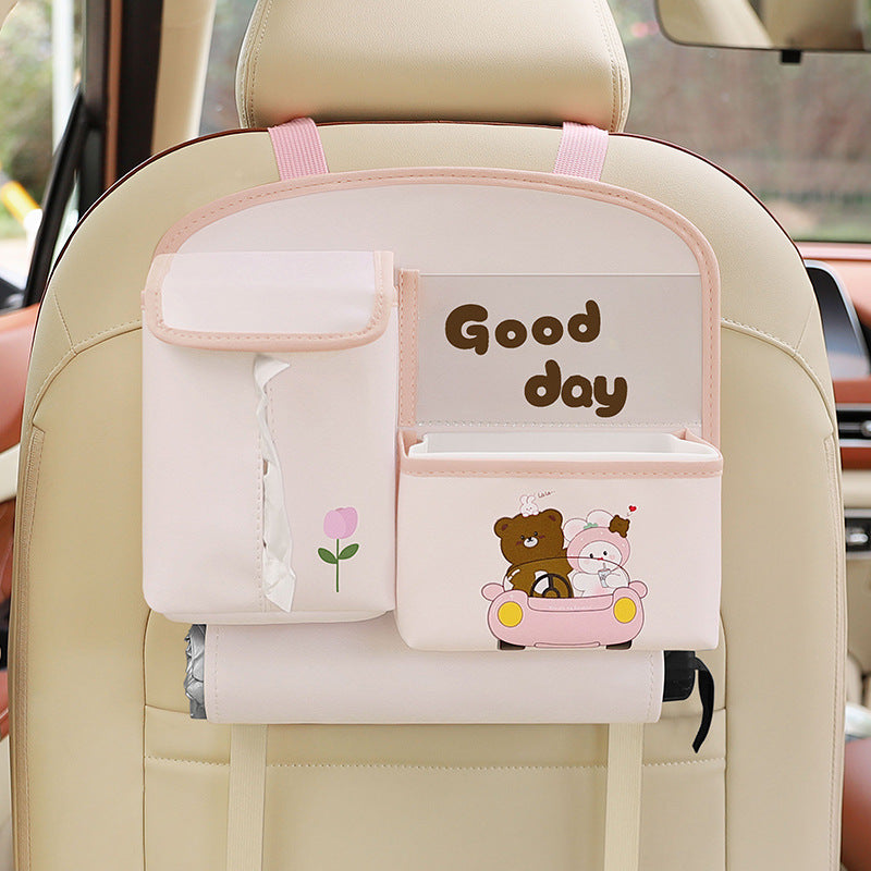 Pink Cute Cartoon Car Backseat Organizer with Multi-Pocket Storage and PP Trash Bin - 400g Lightweight PU Leather