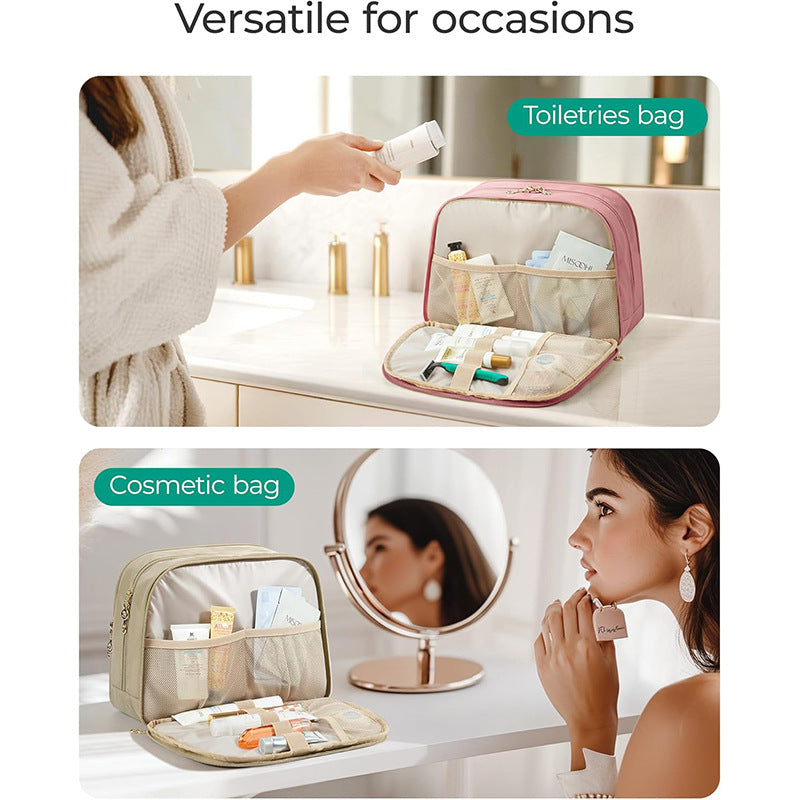 Black Large Capacity Travel Toiletry Bag with Wide Opening - Puffy Nylon Makeup Organizer with Waterproof PVC Layer