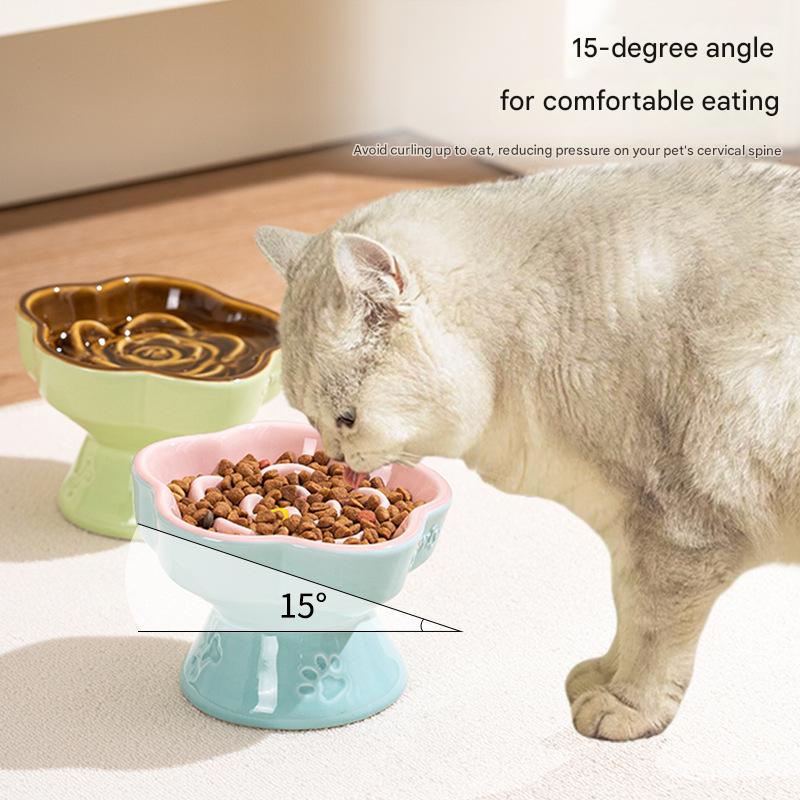 Green and Brown Ceramic Slow Feeder Pet Bowl for Cats and Small Dogs - Anti-Choke Elevated Design with 15-Degree Tilted Rim