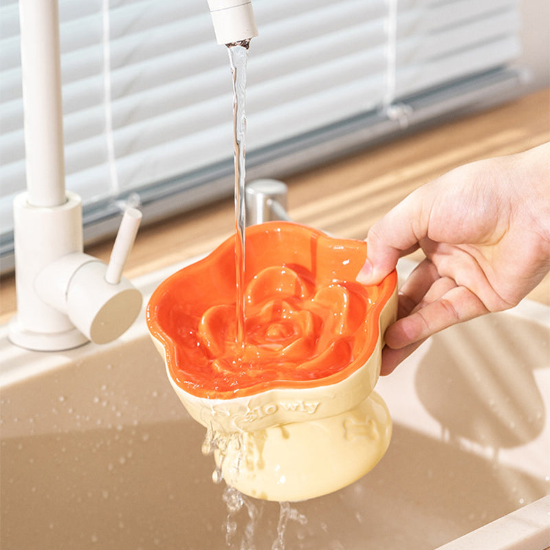 Khaki and Orange Ceramic Slow Feeder Pet Bowl for Cats and Small Dogs - Anti-Choke Elevated Design with 15-Degree Tilted Rim